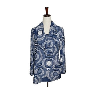 FERATELLI size M Long Sleeves Textured Cowl Neck Pullover Top BLUE Swirls NWT